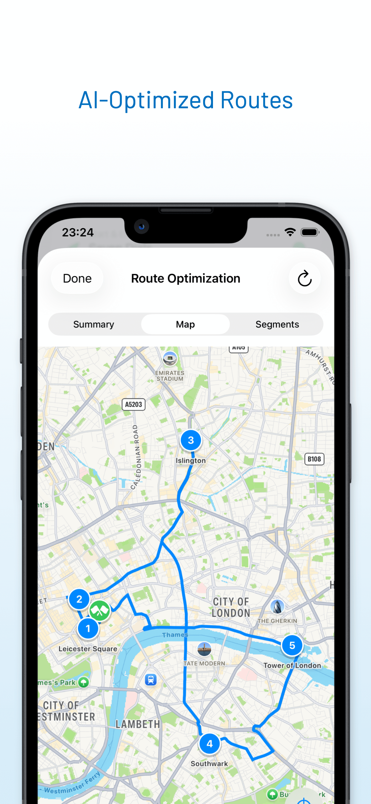 AI-optimized delivery route on map view - best route planner for multiple stops