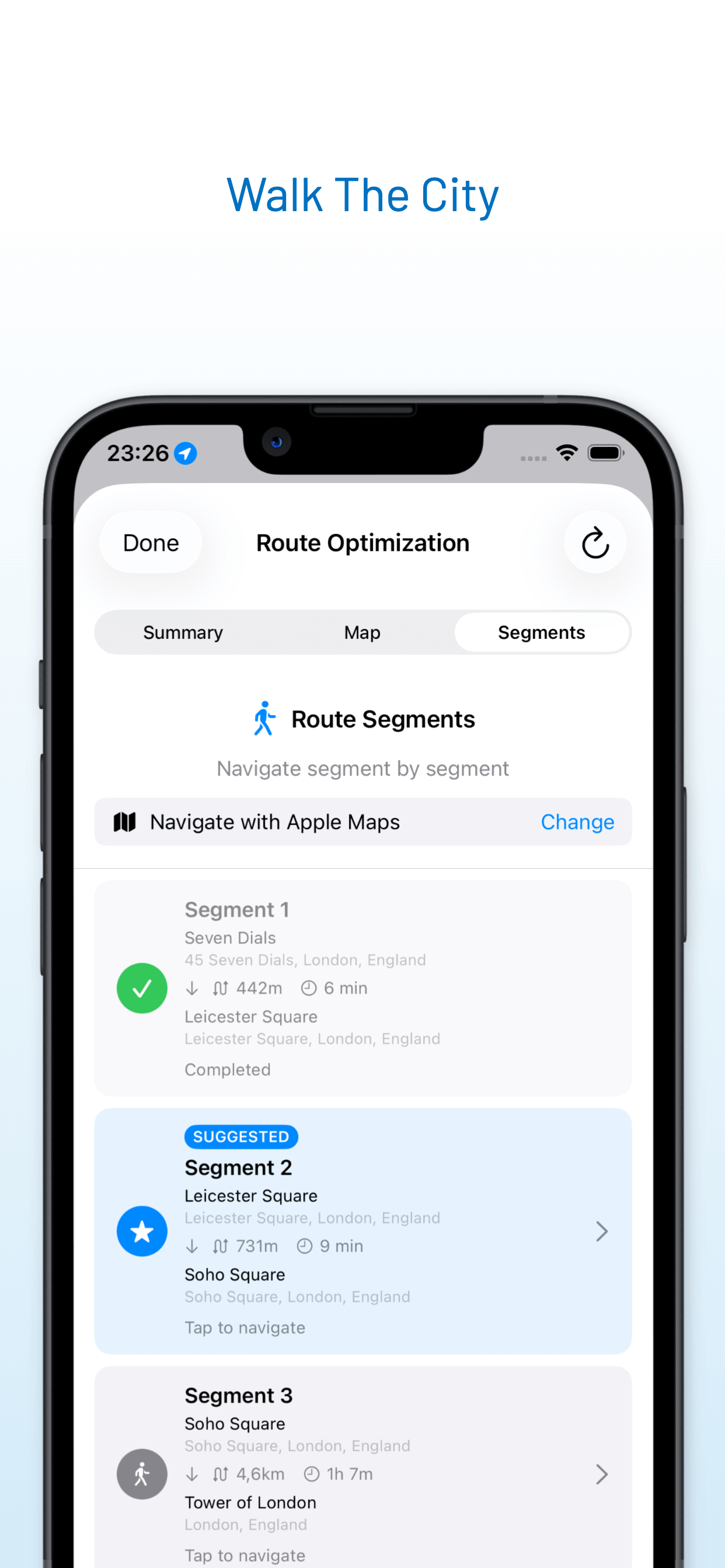 Walking route segments for city exploration and sightseeing in RouteGO