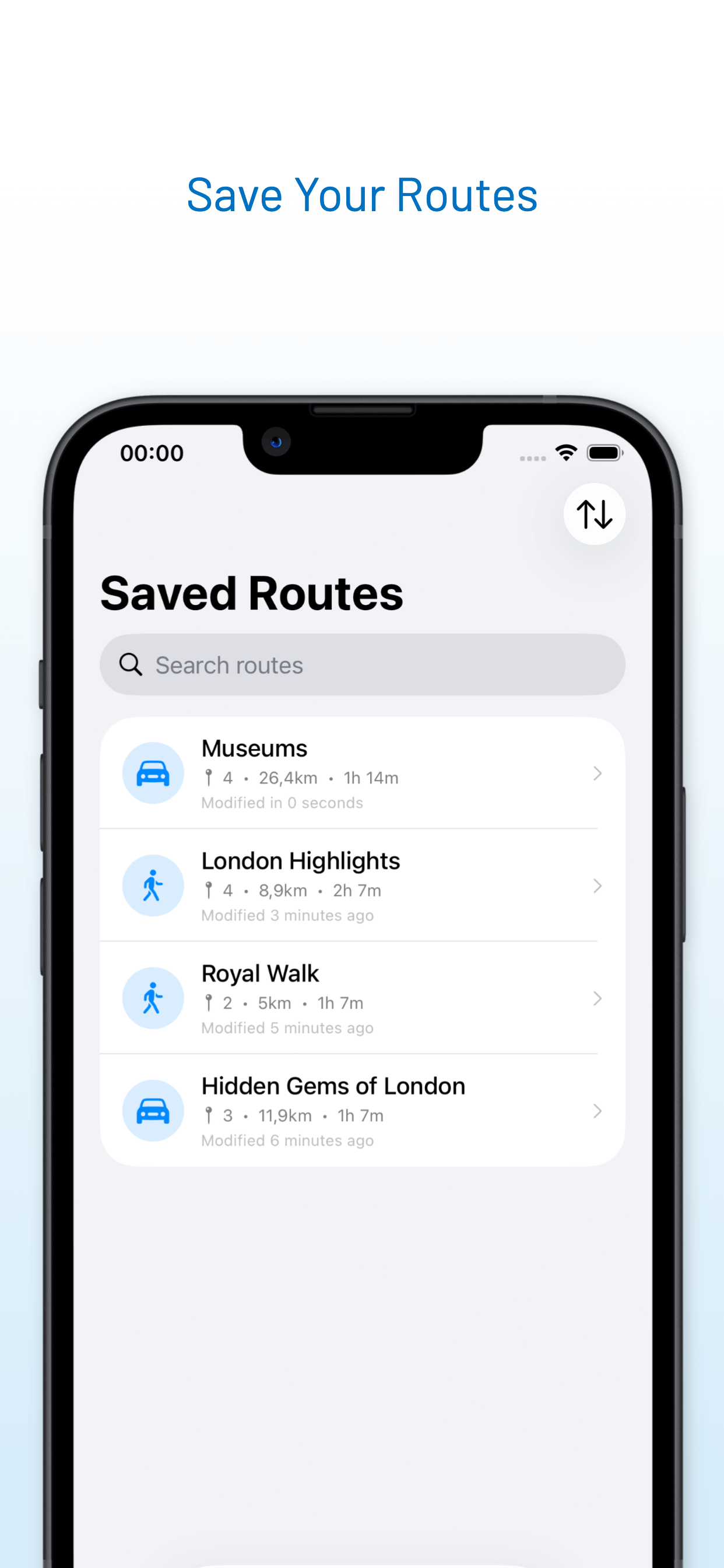 Create new route with travel mode options - driving or walking route planner